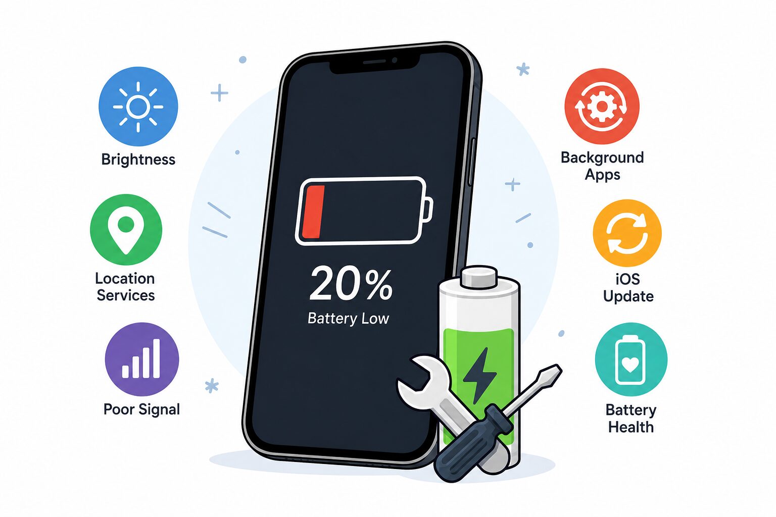 Illustration of an iPhone showing 20% battery, surrounded by icons for brightness, location services, poor signal, background apps, iOS updates and battery health.